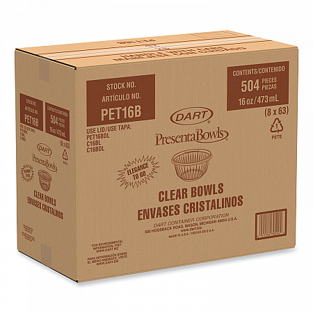 PresentaBowls Clear Bowls, 16 oz, Plastic, 63/Bag, 504/Carton (PET16B)