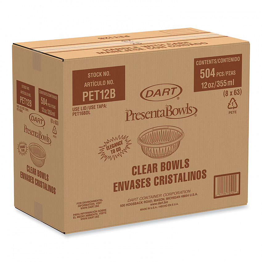PresentaBowls Clear Bowls, 12 oz., Plastic, 63/Bag, 504/Carton (PET12B)