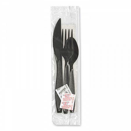 Impress Heavyweight Full-Length Polystyrene Cutlery Kit, Fork/Knife/Napkin/Pepper/Salt/Spoon, Plastic, Black, 750/Carton (HSK8Y)