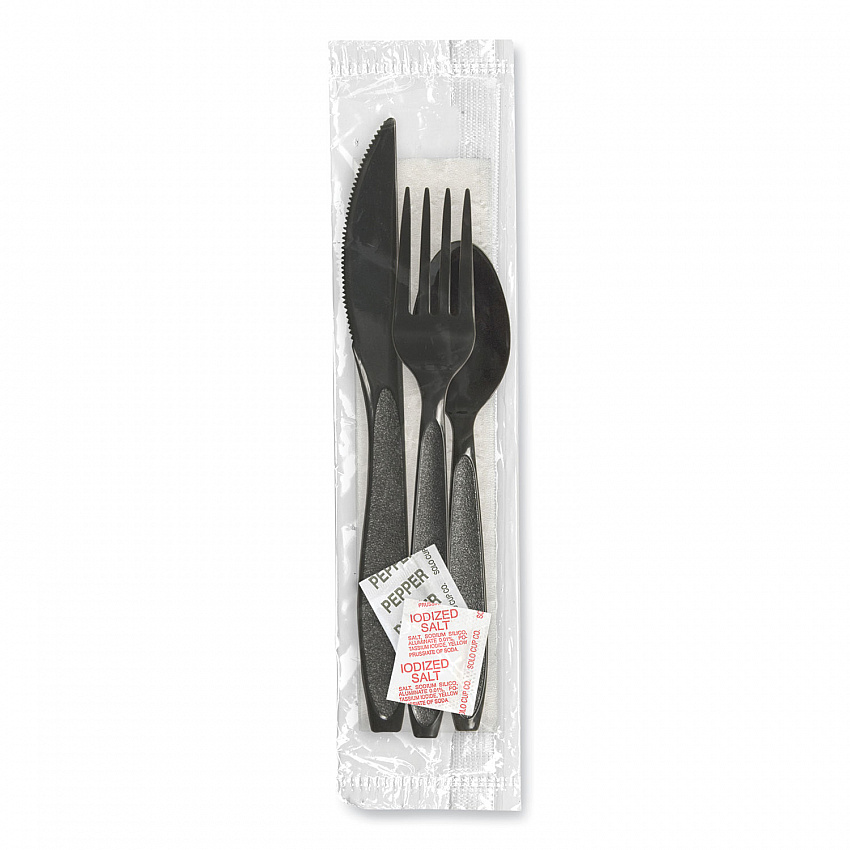 Impress Heavyweight Full-Length Polystyrene Cutlery Kit, Fork/Knife/Napkin/Pepper/Salt/Spoon, Plastic, Black, 750/Carton (HSK8Y)