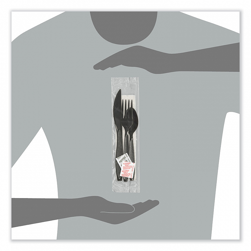 Impress Heavyweight Full-Length Polystyrene Cutlery Kit, Fork/Knife/Napkin/Pepper/Salt/Spoon, Plastic, Black, 750/Carton (HSK8Y)