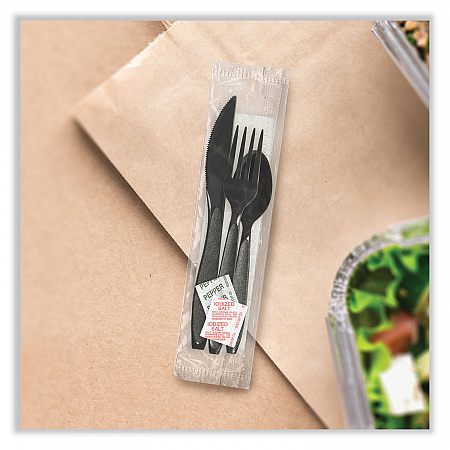 Impress Heavyweight Full-Length Polystyrene Cutlery Kit, Fork/Knife/Napkin/Pepper/Salt/Spoon, Plastic, Black, 750/Carton (HSK8Y)