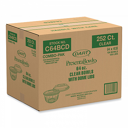 PresentaBowls Bowl/Lid Combo-Paks, 64 oz, Clear, Plastic, 126/Carton (C64BCD)