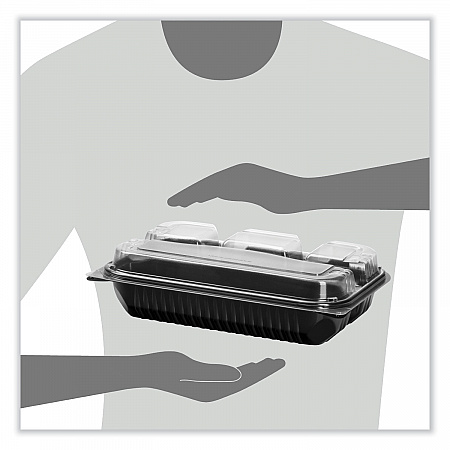 Creative Carryouts Hinged Plastic Hot Deli Boxes, 4 Compartments, 8.05 x 11.5 x 2.95, Black/Clear, 100/Carton (919020PM94)