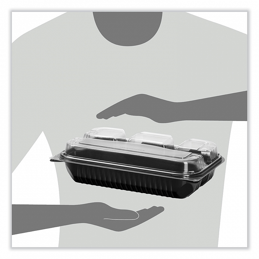 Creative Carryouts Hinged Plastic Hot Deli Boxes, 4 Compartments, 8.05 x 11.5 x 2.95, Black/Clear, 100/Carton (919020PM94)