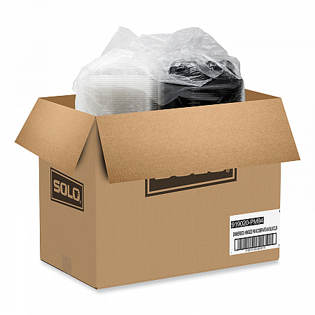 Creative Carryouts Hinged Plastic Hot Deli Boxes, 4 Compartments, 8.05 x 11.5 x 2.95, Black/Clear, 100/Carton (919020PM94)