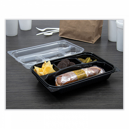 Creative Carryouts Hinged Plastic Hot Deli Boxes, 4 Compartments, 8.05 x 11.5 x 2.95, Black/Clear, 100/Carton (919020PM94)