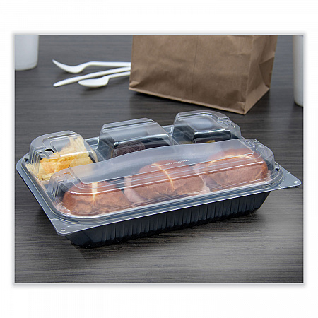 Creative Carryouts Hinged Plastic Hot Deli Boxes, 4 Compartments, 8.05 x 11.5 x 2.95, Black/Clear, 100/Carton (919020PM94)