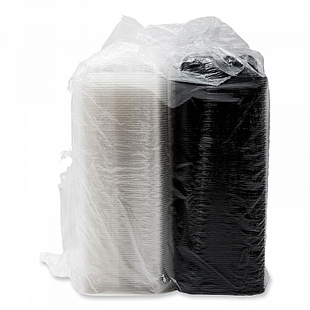Creative Carryouts Hinged Plastic Hot Deli Boxes, 4 Compartments, 8.05 x 11.5 x 2.95, Black/Clear, 100/Carton (919020PM94)