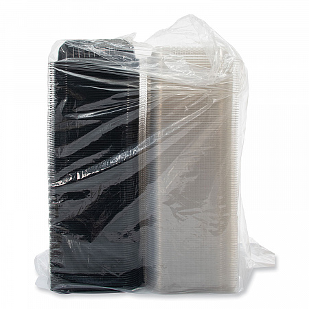 Creative Carryouts Hinged Plastic Hot Deli Boxes, 2 Compartments, 8.05 x 11.5 x 2.95, Black/Clear, 100/Carton (919018PM94)