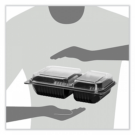 Creative Carryouts Hinged Plastic Hot Deli Boxes, 2 Compartments, 8.05 x 11.5 x 2.95, Black/Clear, 100/Carton (919018PM94)