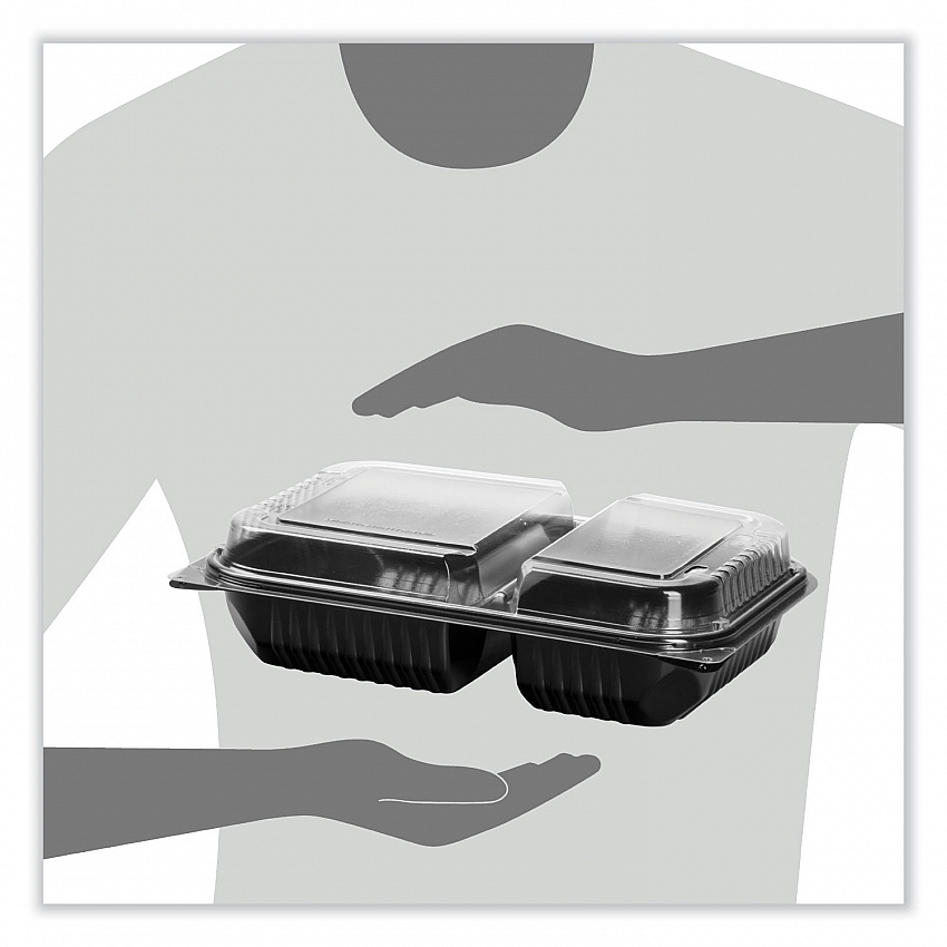 Creative Carryouts Hinged Plastic Hot Deli Boxes, 2 Compartments, 8.05 x 11.5 x 2.95, Black/Clear, 100/Carton (919018PM94)