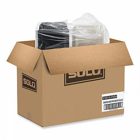 Creative Carryouts Hinged Plastic Hot Deli Boxes, 2 Compartments, 8.05 x 11.5 x 2.95, Black/Clear, 100/Carton (919018PM94)