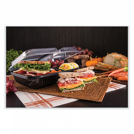 Creative Carryouts Hinged Plastic Hot Deli Boxes, 2 Compartments, 8.05 x 11.5 x 2.95, Black/Clear, 100/Carton (919018PM94)