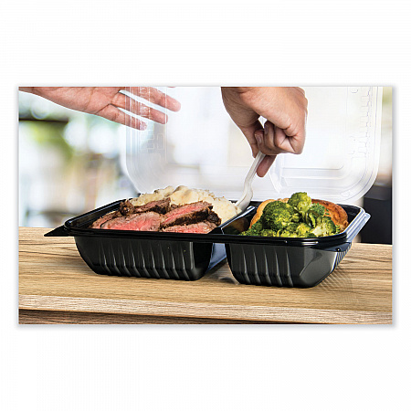 Creative Carryouts Hinged Plastic Hot Deli Boxes, 2 Compartments, 8.05 x 11.5 x 2.95, Black/Clear, 100/Carton (919018PM94)