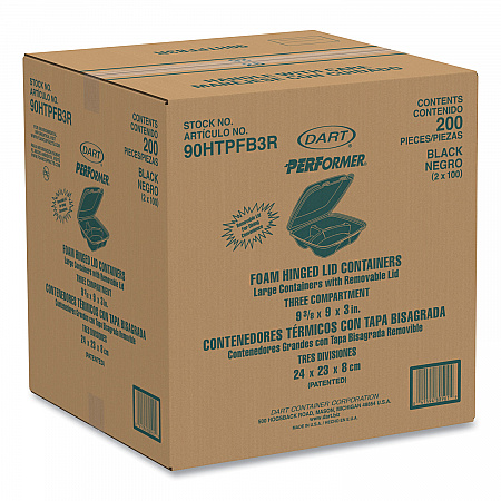 Insulated Foam Hinged Lid Containers, 3 Compartments, 9.01