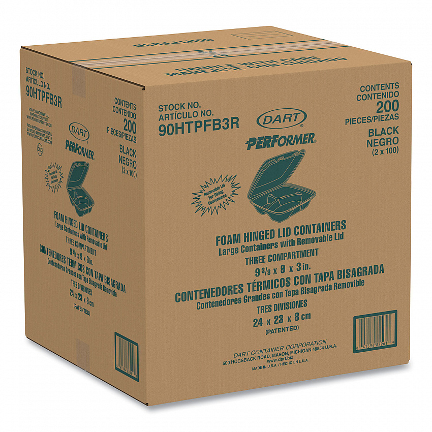 Insulated Foam Hinged Lid Containers, 3 Compartments, 9.01" x 9.4" x 3.1", Black, 200/Carton (90HTPFB3R)