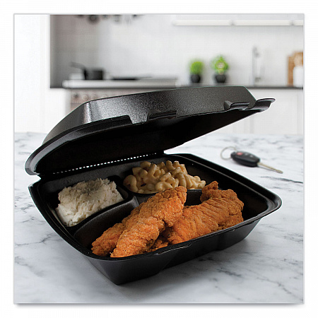 Insulated Foam Hinged Lid Containers, 3 Compartments, 9.01