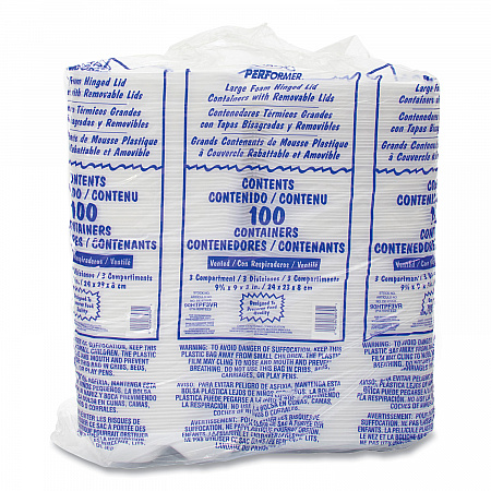 Insulated Foam Hinged Lid Containers, 3 Compartments, 9.01 x 9.4 x 3.1, White, 200/Carton (90HTPF3VR)