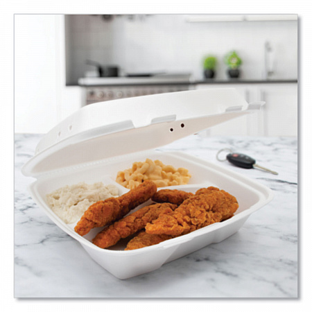Insulated Foam Hinged Lid Containers, 3 Compartments, 9.01 x 9.4 x 3.1, White, 200/Carton (90HTPF3VR)