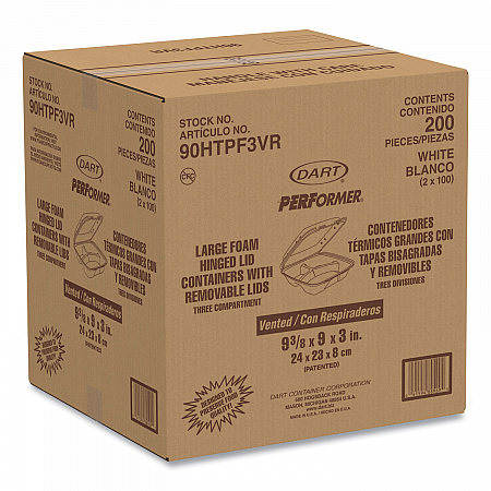 Insulated Foam Hinged Lid Containers, 3 Compartments, 9.01 x 9.4 x 3.1, White, 200/Carton (90HTPF3VR)