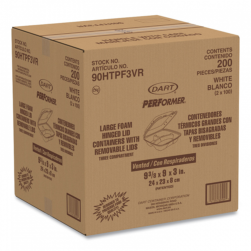 Insulated Foam Hinged Lid Containers, 3 Compartments, 9.01 x 9.4 x 3.1, White, 200/Carton (90HTPF3VR)