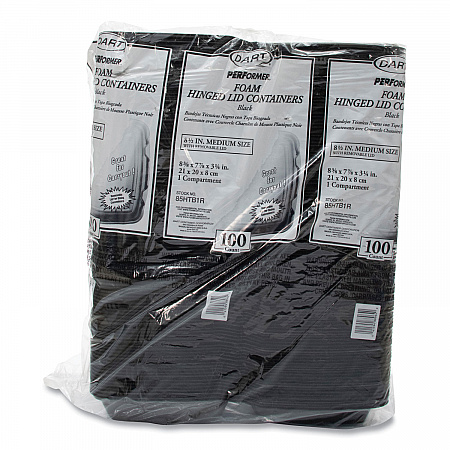 Insulated Foam Hinged Lid Containers, 7.96 x 8.36 x 3.2, Black, 200/Carton (85HTB1R)
