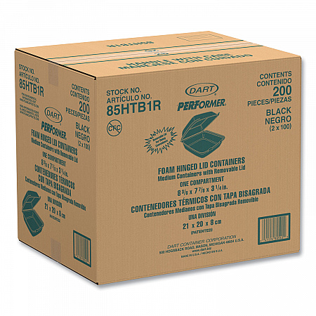 Insulated Foam Hinged Lid Containers, 7.96 x 8.36 x 3.2, Black, 200/Carton (85HTB1R)