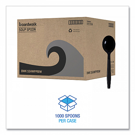 Heavyweight Wrapped Polypropylene Cutlery, Soup Spoon, Plastic, Black, 1,000/Carton (SSHWPPBIW)
