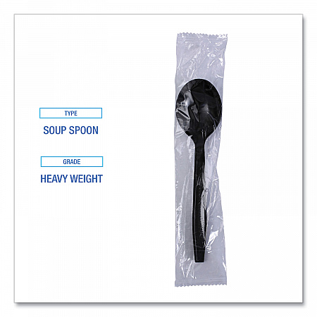 Heavyweight Wrapped Polypropylene Cutlery, Soup Spoon, Plastic, Black, 1,000/Carton (SSHWPPBIW)