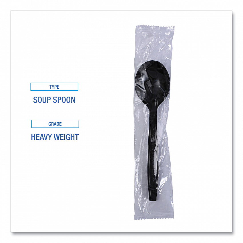 Heavyweight Wrapped Polypropylene Cutlery, Soup Spoon, Plastic, Black, 1,000/Carton (SSHWPPBIW)