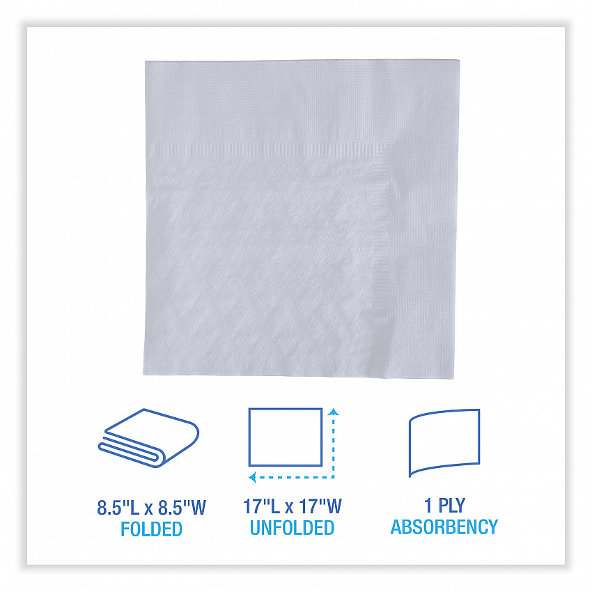 Dinner Napkin, 1-Ply, 17 x 17, White, 250/Pack, 12 Packs/Carton (8307W)