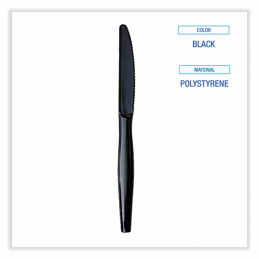 Heavyweight Wrapped Polystyrene Cutlery, Knife, Plastic, Black, 1,000/Carton (KNIHWPSBIW)