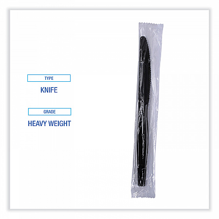 Heavyweight Wrapped Polystyrene Cutlery, Knife, Plastic, Black, 1,000/Carton (KNIHWPSBIW)