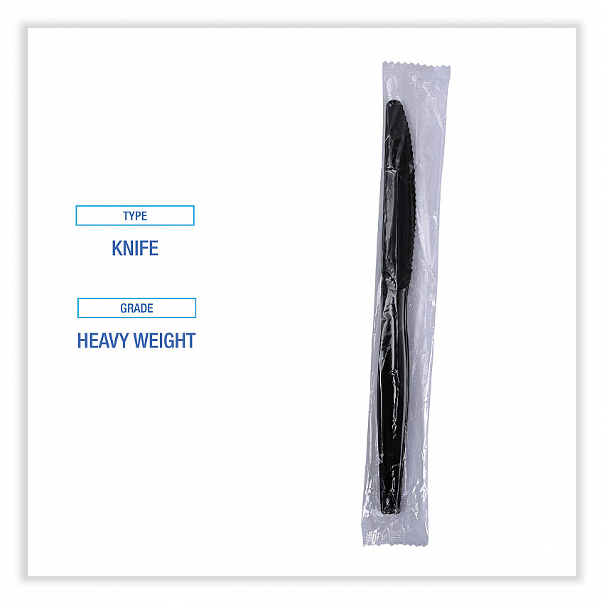 Heavyweight Wrapped Polystyrene Cutlery, Knife, Plastic, Black, 1,000/Carton (KNIHWPSBIW)