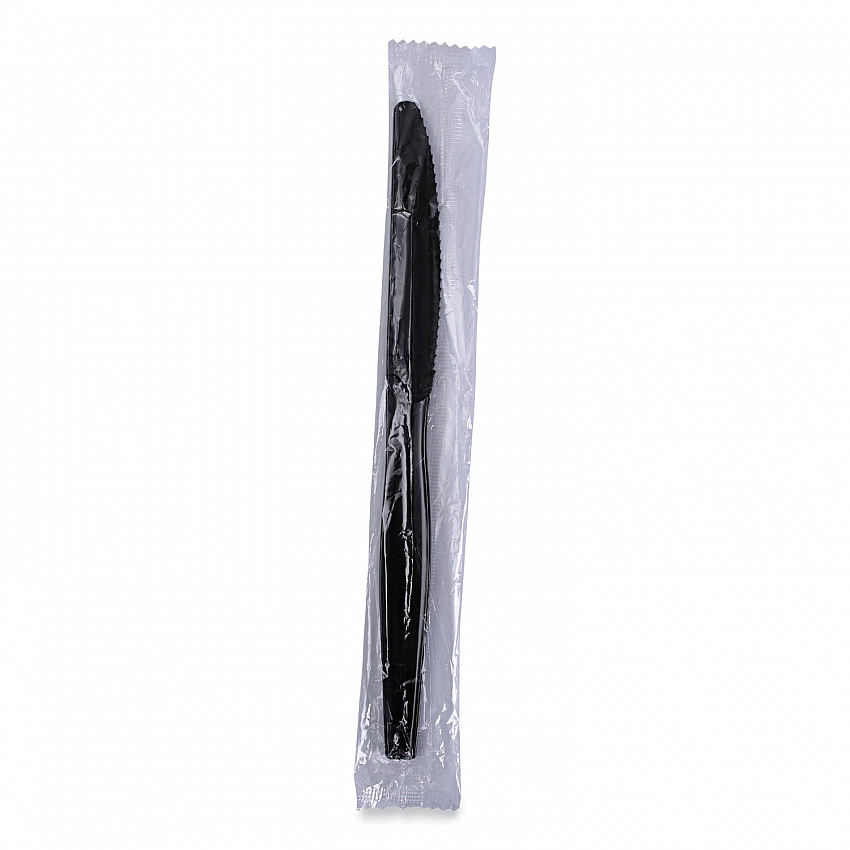 Heavyweight Wrapped Polystyrene Cutlery, Knife, Plastic, Black, 1,000/Carton (KNIHWPSBIW)