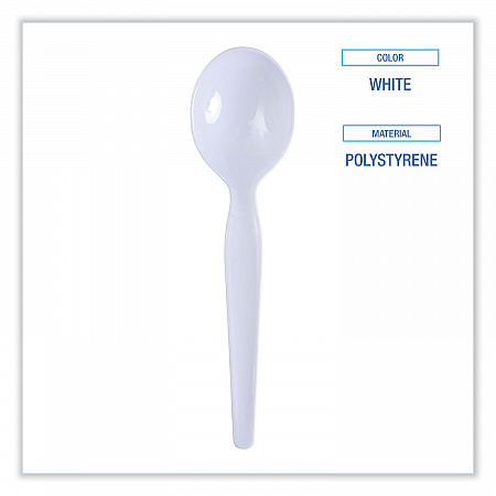 Heavyweight Polystyrene Cutlery, Soup Spoon, Plastic, White, 1,000/Carton (SOUPHWPSWH)
