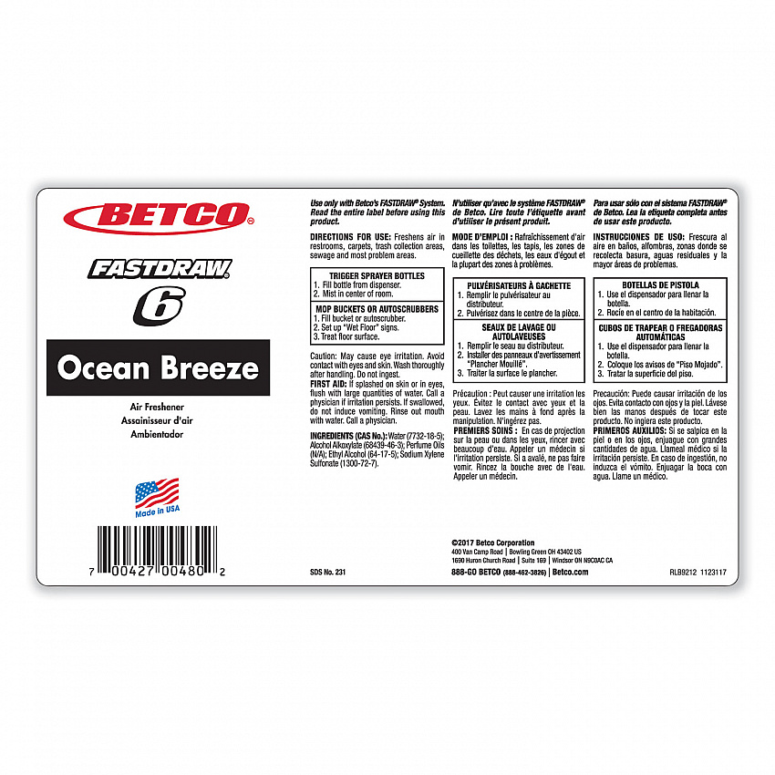 BestScent Ocean Breeze FastDraw Deodorizer, Ocean Breeze, 67.6 oz FastDraw Bottle, 4/Carton (2314700)