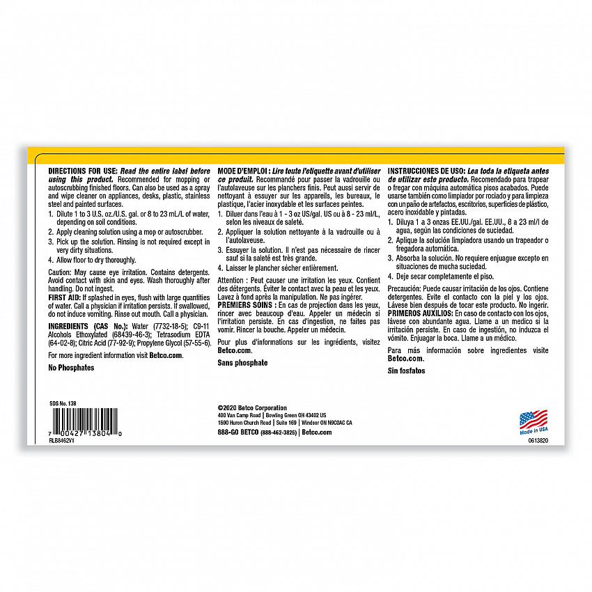 pH7 Floor Cleaner, Lemon Scent, 1 gal Bottle, 4/Carton (1380400)