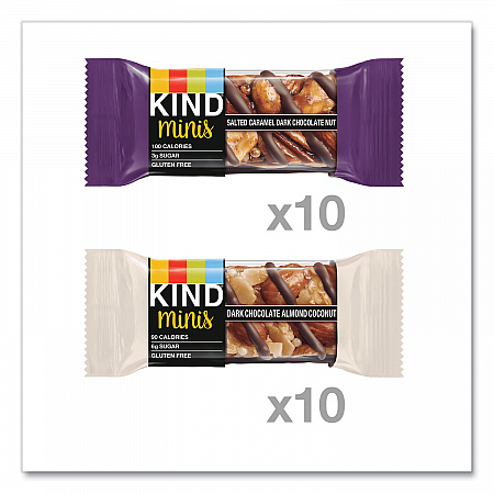 Minis, Salted Caramel and Dark Chocolate Nut/Dark Chocolate Almond and Coconut, 0.7 oz, 20/Pack (27970)