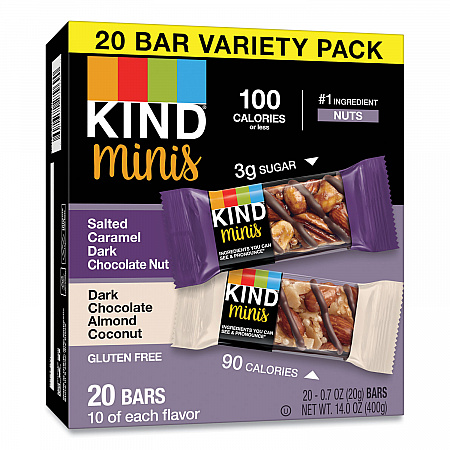 Minis, Salted Caramel and Dark Chocolate Nut/Dark Chocolate Almond and Coconut, 0.7 oz, 20/Pack (27970)