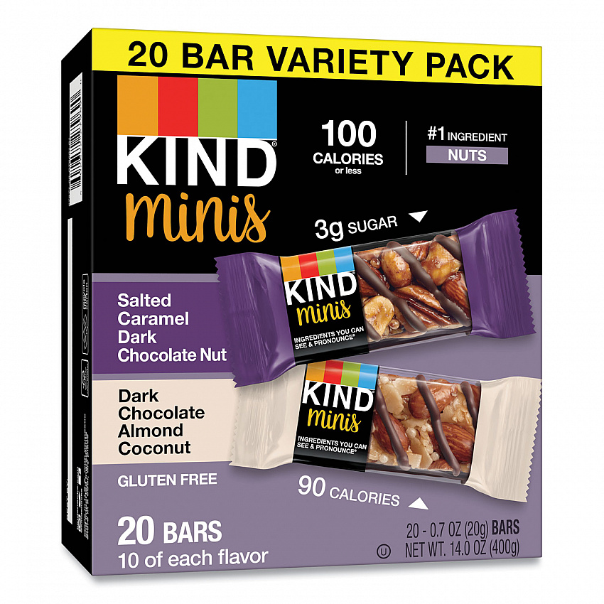 Minis, Salted Caramel and Dark Chocolate Nut/Dark Chocolate Almond and Coconut, 0.7 oz, 20/Pack (27970)