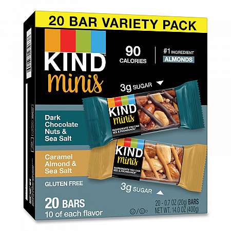 Minis, Dark Chocolate Nuts and Sea Salt/Caramel Almond and Sea Salt, 0.7 oz Bar, 20/Pack (27964)