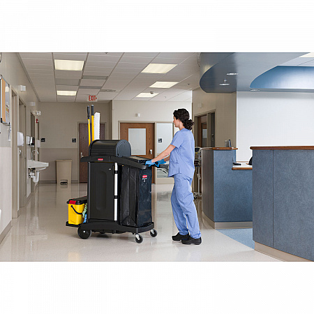 Executive High Security Janitorial Cleaning Cart, Plastic, 4 Shelves, 1 Bin, 23.1