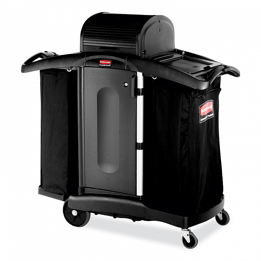High-Security Housekeeping Cart, Plastic, 3 Shelves, 2 Bins, 22" x 51.75" x 53.5", Black/Silver (9T78)