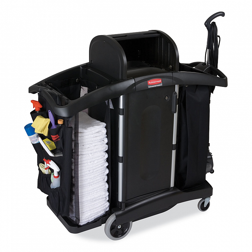 High-Security Housekeeping Cart, Plastic, 3 Shelves, 2 Bins, 22" x 51.75" x 53.5", Black/Silver (9T78)