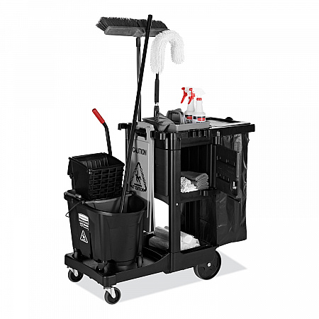 Executive Janitorial Cleaning Cart, Plastic, 4 Shelves, 1 Bin, 21.75
