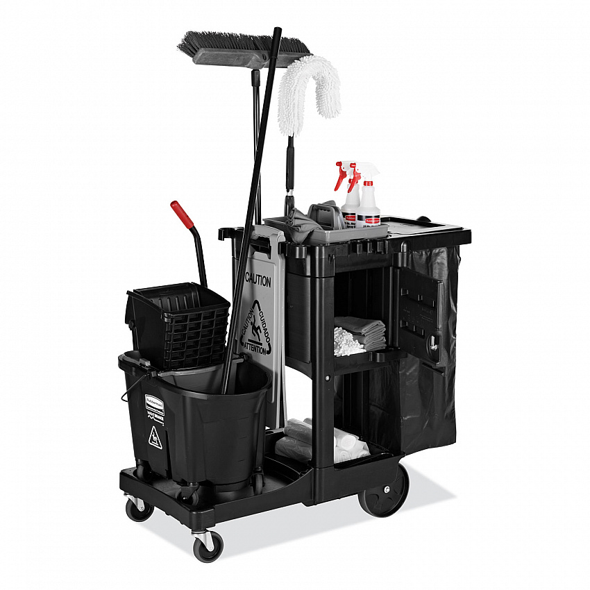 Executive Janitorial Cleaning Cart, Plastic, 4 Shelves, 1 Bin, 21.75" x 46" x 38.38", Black (1861430)