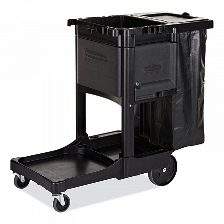 Executive Janitorial Cleaning Cart, Plastic, 4 Shelves, 1 Bin, 21.75