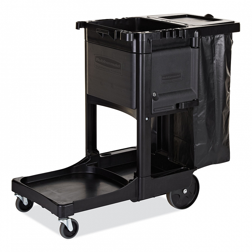 Executive Janitorial Cleaning Cart, Plastic, 4 Shelves, 1 Bin, 21.75" x 46" x 38.38", Black (1861430)